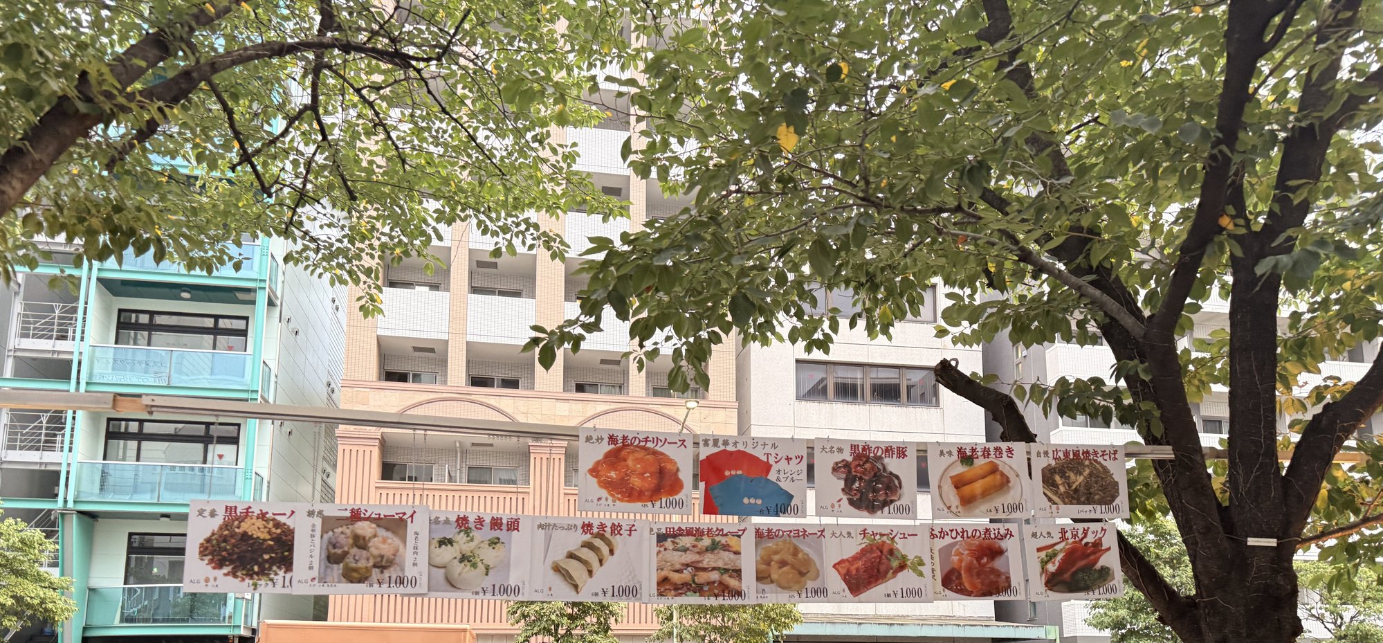 街路樹に吊るされた富麗華の祭り限定メニューのPOP看板。料理写真と価格が並ぶ