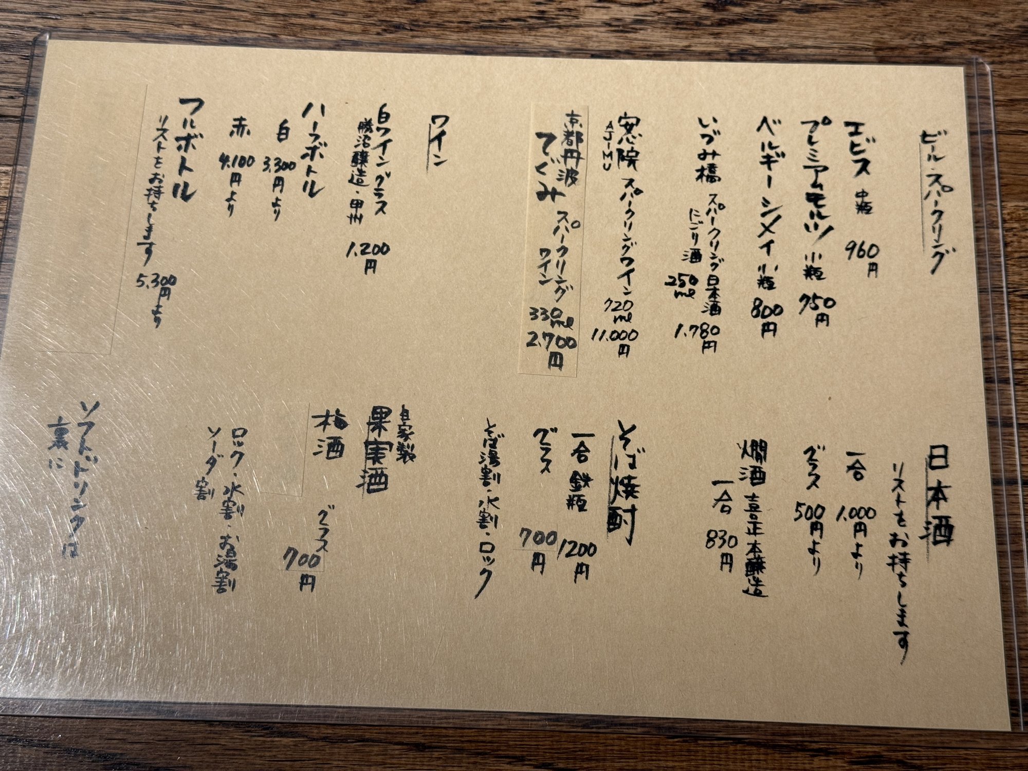 手書きのドリンクメニュー。ビール、ワイン、焼酎などが記載されている