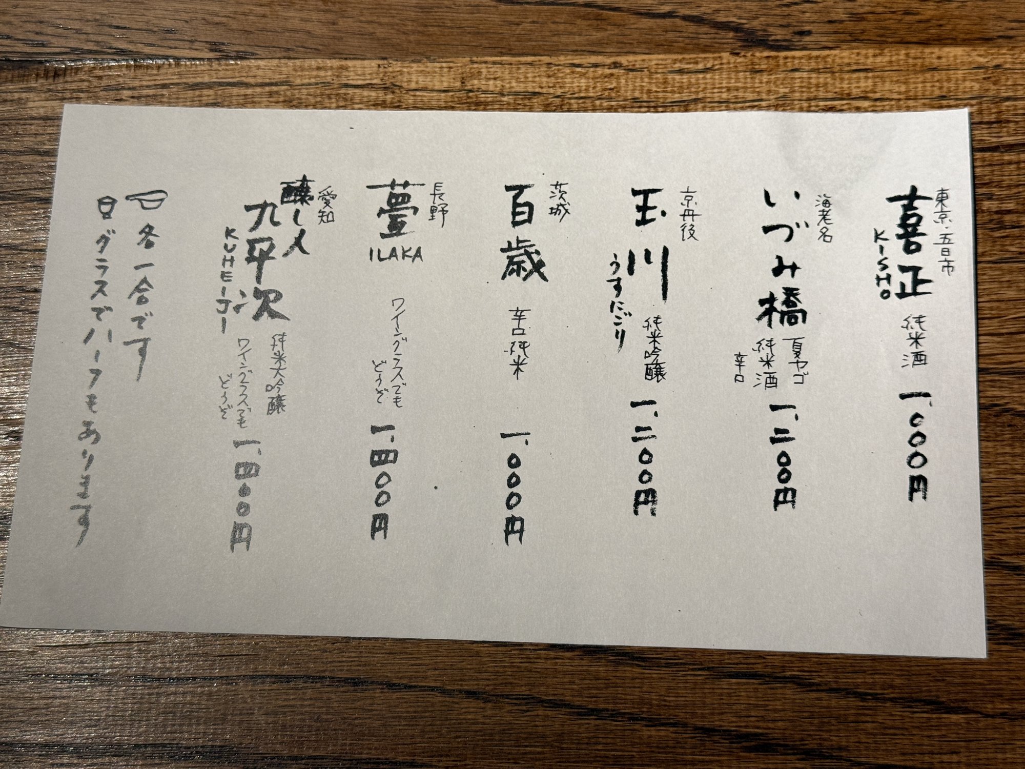 手書きの日本酒メニュー。喜正やいづみ橋、玉川、百歳などの銘柄が並ぶ