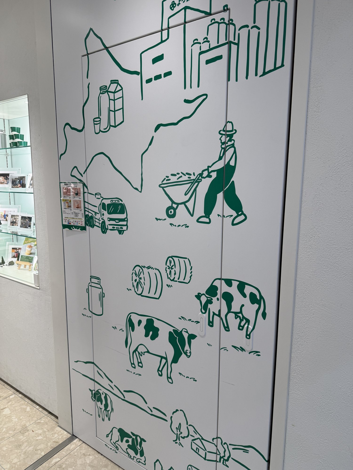 酪農から出荷までの流れを描いたイラストの壁面装飾